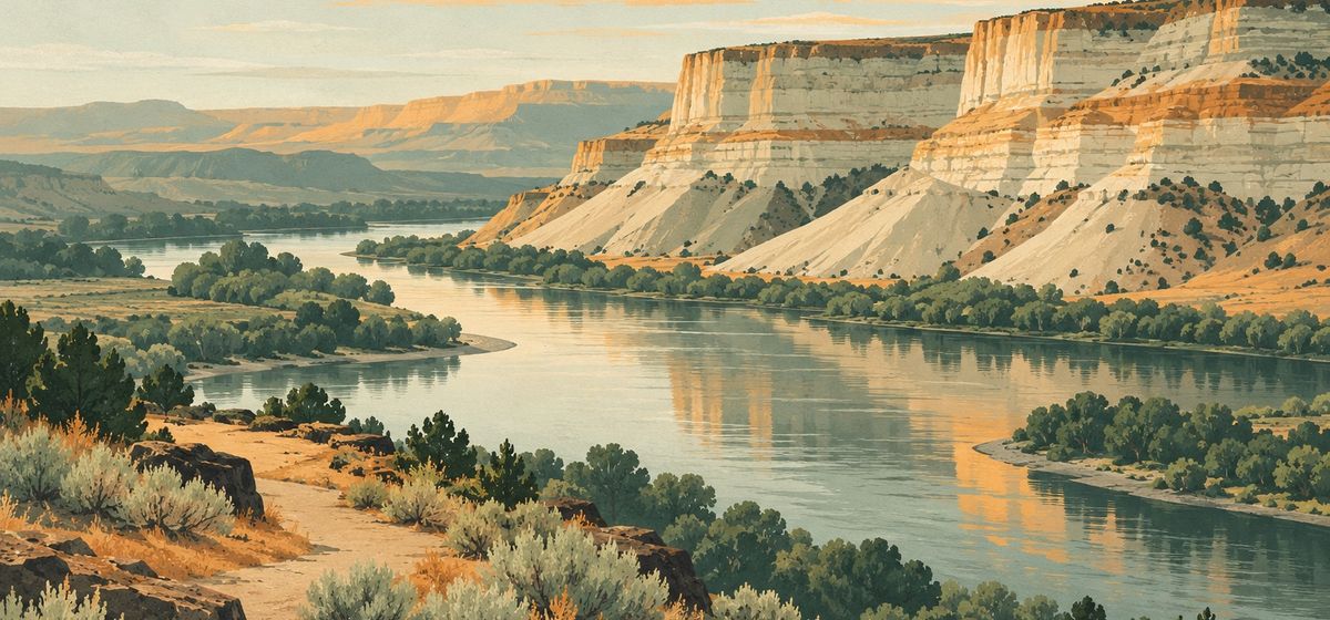 Illustration of the pale layered bluffs of Hagerman Fossil Beds above the Snake River