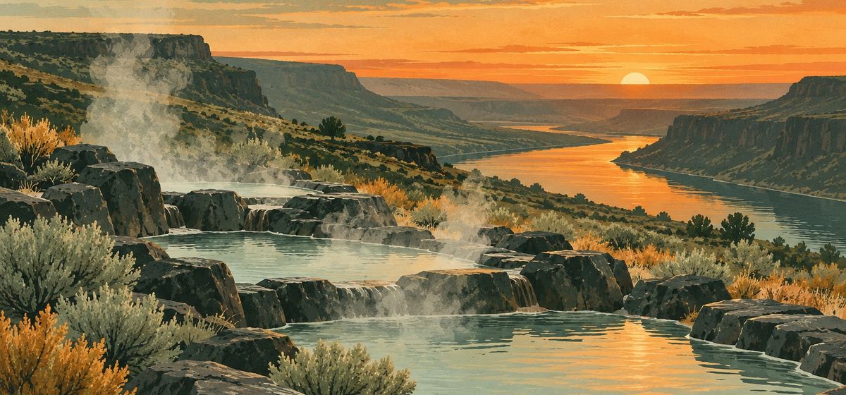 Illustration of steaming hot-spring pools among basalt and sagebrush above the Snake River at dusk