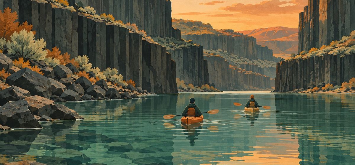 Illustration of two kayakers on clear turquoise water between basalt cliffs