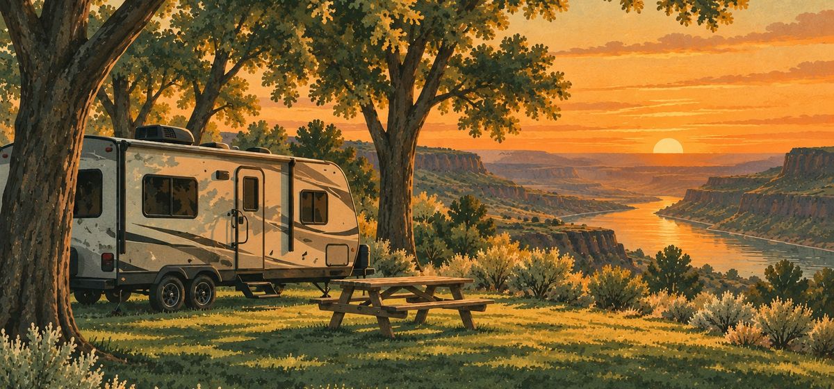 Illustration of a travel trailer and picnic table under tall shade trees above a canyon river at golden hour