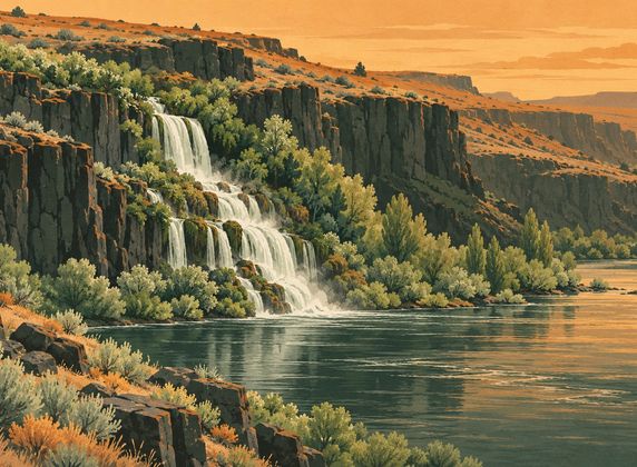 Illustration of a spring waterfall pouring from a basalt canyon wall into the Snake River