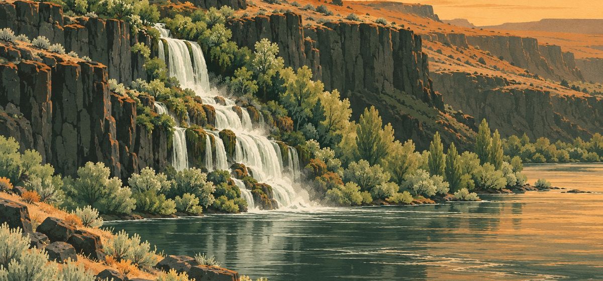 Illustration of a spring waterfall pouring from a basalt canyon wall into the Snake River